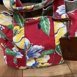 POLO Ralph Lauren Red Flowers Tote Bag Embroidered Blue Pony Logo Leather Plaque